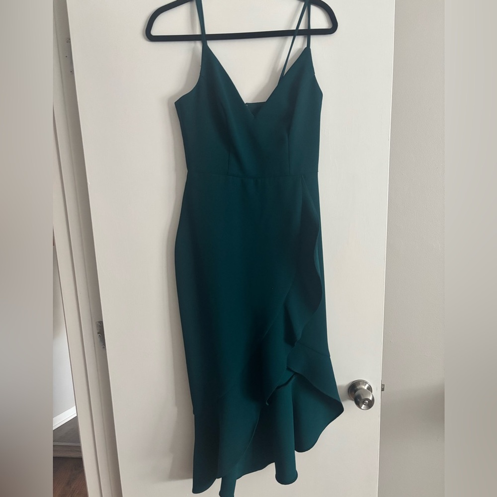 Xscape Emerald Green Asymmetrical Ruffle Slip Dress